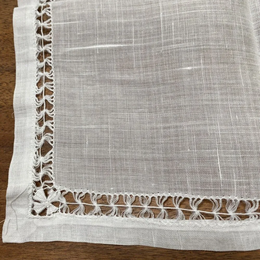 Vintage Set of 4 Sheer White Fine Linen Cocktail Napkins Cutwork Detail Handwork